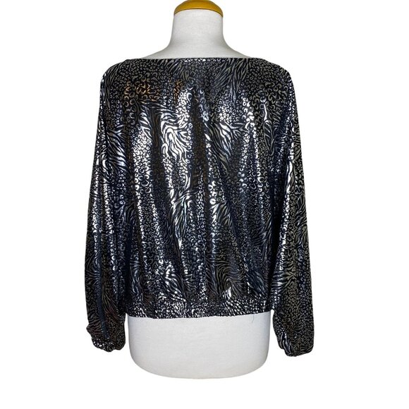 Vintage 80s Black & Silver Metallic Animal Print Blouse, Boat Neck, Puff Sleeves - Picture 2 of 5